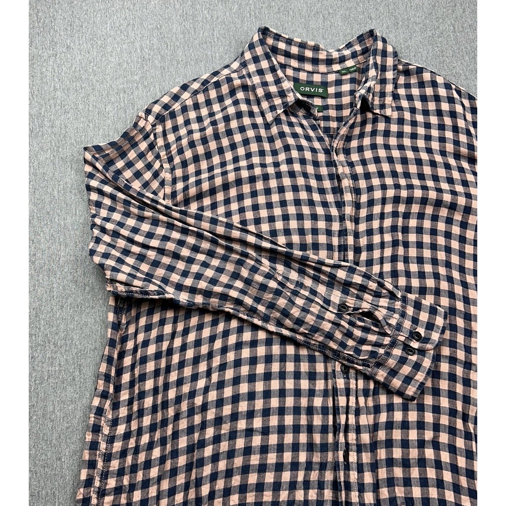 Orvis Active Fit Button Up Shirt XL Pink Blue Gingham Checker Long Sleeve Linen